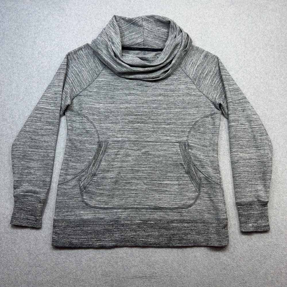LL Bean Cozy Pullover Womens Large Gray Cowl Neck Pocket Sweatshirt Outdoor